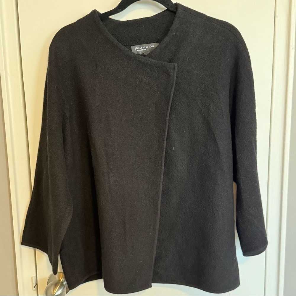Jones New York Collection Black Merino Wool Snap Front Sweater XL